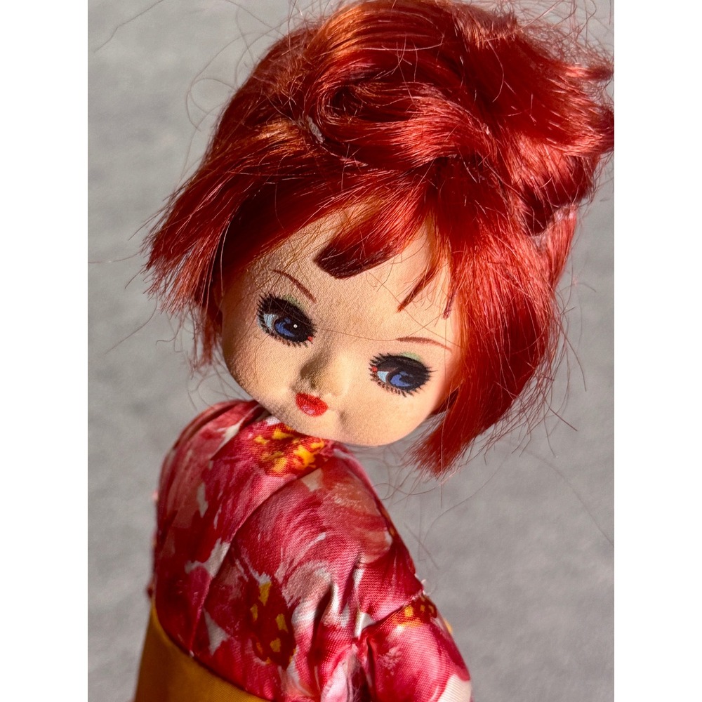Vintage Japanese Pose Doll Red Floral Kimono Gold Obi Mid Century 8.5 Inch